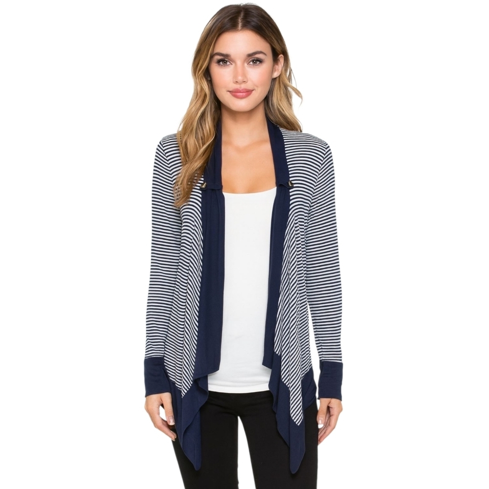 𝅺splendid Blue White Striped Open Front Waterfall Long Sleeve Blouse Top Size S